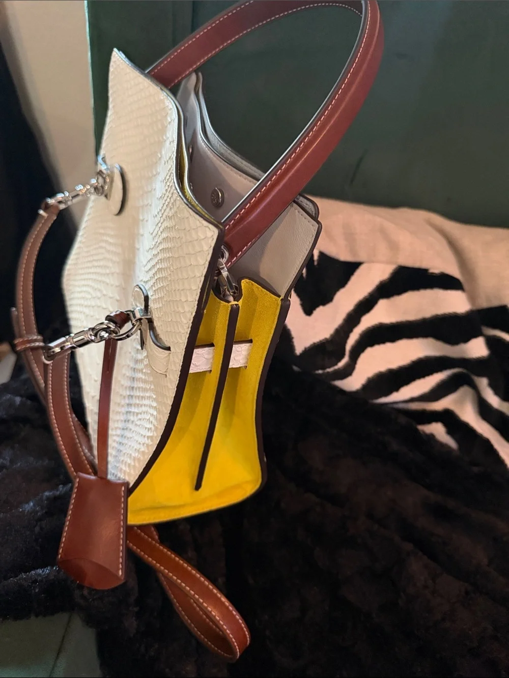 Small Tory Burch Lee Radziwill white Python-Embossed Top-Handle Bag.